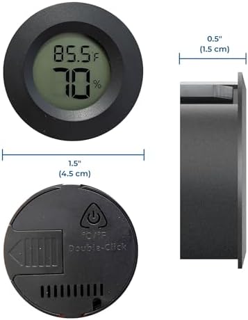 SunGrow Reptile Thermometer with Hygrometer with Digital Display, Accurate Temperature, Humidity Gauge for Snake and Lizard Tanks, Round Clear LCD, Black, 1.8”x1.8”x0.6”