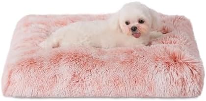 Bedfolks Plush Waterproof Dog Crate Bed, Removable Washable Cover, Faux Fur for Small Dogs & Cats, 23"x18", Pink