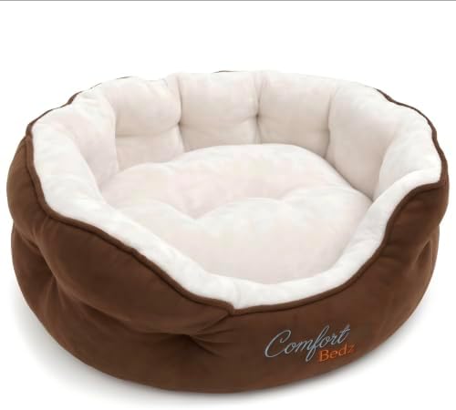 Calming Dog Bed for Small, Medium, and Large Dogs, Ultra-Soft Plush Sherpa Interior, Raised Bolster Rim, Faux Suede Exterior, Brown and Cream 81cm