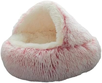 ZaneSun Calming Dog Bed & Cat Cave with Hooded Cover, Plush Fluffy Anti-Anxiety Cat Bed, Waterproof Bottom Washable (Pink, 25.6X25.6inch)