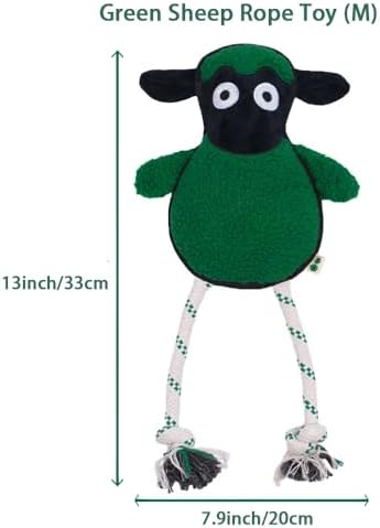 Green Sheep Rope Toy for Dogs, Durable Plush Dog Chew Toy with Squeaker, Interactive Pet Toy for Small Medium Large Dogs, Tough Recycle Cotton Rope & PP Cotton Stuffing