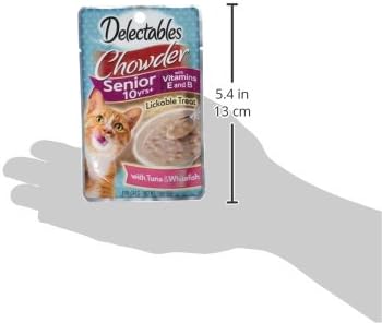Delectables Lickable Treat Chowder Senior 10+ Wet Cat Treat with Real Tuna & Whitefish, Food Topper, Hydrating, Grain-Free, No Fillers, By-Products, Added Preservatives, 1.4oz Pouch, 12ct