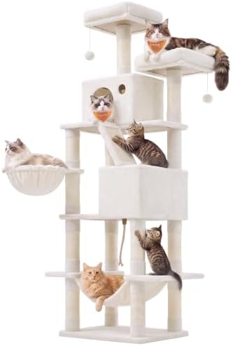 Feandrea Cat Tree, 81.1-in Large Cat Tower, Multi-Level Condo, Cream White