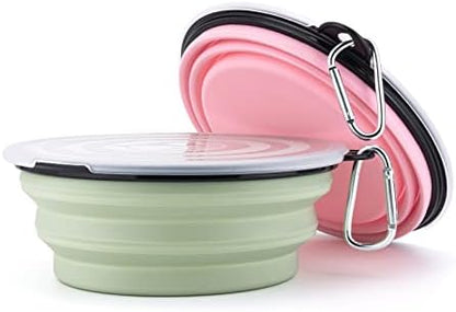 SLSON Dog Bowls Pet Collapsible Bowl with Cover Lids,2 Pack Dog Travel Bowls Portable Foldable Cat Water Dish Bowl for Pets Walking Parking Camping (Fairy Pink and Sprout Green, Large)