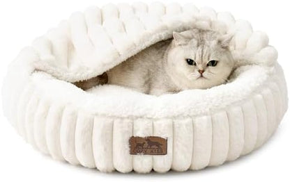 COZY KISS Hooded Blanket Cat Bed – 20"x20" Round Fluffy Donut Cuddler for Cats & Toy Dogs, Anti-Anxiety Faux Fur Pet Bed, Machine Washable with Non-Slip Bottom, Cream