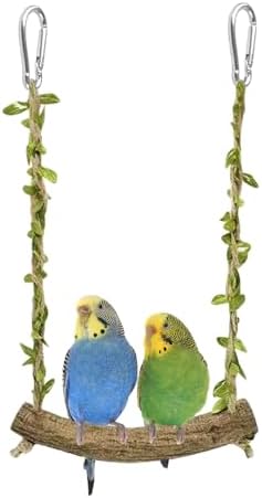 Natural Wood Bird Swing Perch with Decorative Leaves - 7.1" Durable Bird Stand Platform Toy for Cage, Hanging Budgie Parakeet Hammock Accessories for Lovebirds, Cockatiels, Conures, Finches