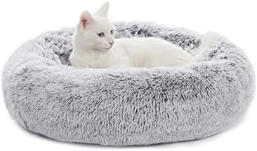 Bedfolks Calming Fluffy Donut Dog Bed for Small Dogs,Dark Grey, 23" Round