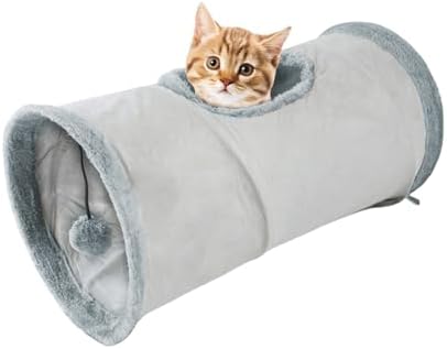 Cat Tunnel,Indoor Cat Play Tube Toys with Play Ball,Durable Collapsible Rabbit Hideaway Tunnel for Kitten,Bunny, Guinea Pig, Rat, Hamster, Ferret, Chinchilla (Grey)