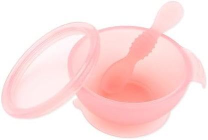 Bumkins Feeding Set with Suction, Includes Spoon and Lid, Training Essentials for Baby-Led Weaning, Toddler Self-Feeding, Babies Eating at 4 Mos Up, Pink Jelly