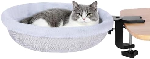 Cat Desk Bed Clamp On, 360 Swivel Faux Fur Perch, Gray