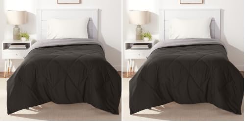 Amazon Basics Comforter Blanket, Reversible, Lightweight Microfiber, All Season, Soft Plush, Machine Washable, Twin/Twin XL, Black/Grey (Pack of 2)