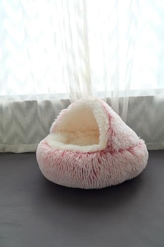 ZaneSun Calming Dog Bed & Cat Cave with Hooded Cover, Plush Fluffy Anti-Anxiety Cat Bed, Waterproof Bottom Washable (Pink, 25.6X25.6inch)