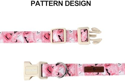 Lionet Paws Halloween Pink Dogs Collar Halloween, Ghost Pumpkin Collars with Quick Release Buckle for Boy and Girl Female Dogs, Large, Neck 16-24 inches