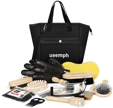 Horse Grooming Kit (12-Piece): Brushes, Storage Bag, Sweat Scraper, Mane Comb, Grooming Gloves, Horse Gift for Girls (Black)