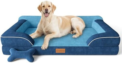 CWAWZ Jumbo Dog Bed for Extra Large Dogs, Orthopedic Dog Bed with Cooling Gel Memory Foam, Waterproof Pet Bed with Removable Washable Cover, 45" Pet Sofa Couch Dutch Velvet with Bone Toy, Navy Blue