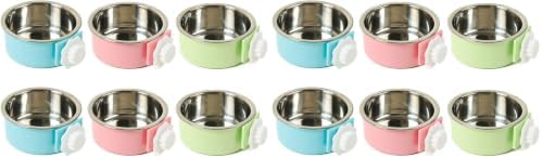 kathson Crate Dog Bowl, Removable Stainless Steel Hanging Pet Cage Bowl Food & Water Feeder Coop Cup for Cat, Puppy, Birds, Rats, Guinea Pigs (6 PCS, Size: M, 2×Blue,2×Green,2×Pink) (Pack of 2)