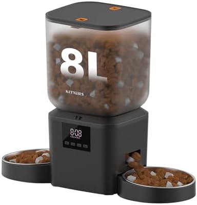 Automatic Cat Feeder for 2 Cats - 8L/34 Cups Dual Automatic Dog Feeder with Dog Food Dispenser for 2-18mm Dry Food, Timed Cat Food Dispenser, Up to 50 Portions 6 Meals Per Day, 10s Voice, Keep Fresh