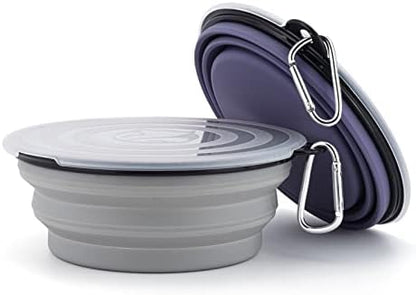 SLSON Dog Bowls Pet Collapsible Bowl with Cover Lids,2 Pack Dog Travel Bowls Portable Foldable Cat Water Dish Bowl for Pets Walking Parking Camping (Taro Purple and Concrete Gray, Large)