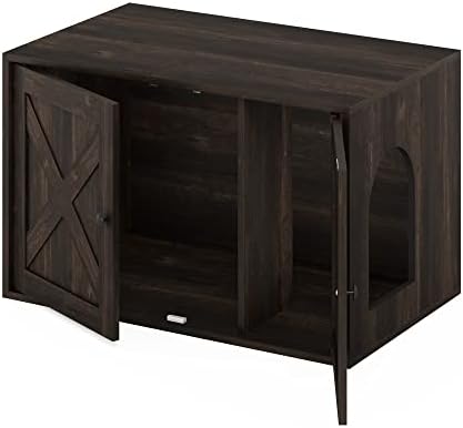 Furinno PELI Cat Litter Box Enclosure, Farmhouse Hidden Litter Box Furniture with Side Entrance, Wooden Pet House with Slatted Door, Easy Assembly, for Living Room, Ebony