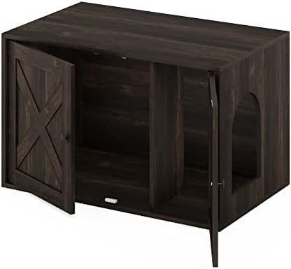 Furinno PELI Cat Litter Box Enclosure, Farmhouse Hidden Litter Box Furniture with Side Entrance, Wooden Pet House with Slatted Door, Easy Assembly, for Living Room, Ebony