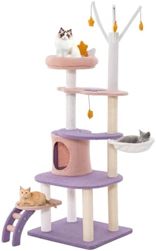 PETSITE Star and Moon-Themed Cat Tree Tower, Multi-Level Modern Cat Tower with Sisal Scratching Posts, Cat Condo, Side Hammock, Hanging Dangling Toys, Cute Cat Tree for Indoor Cats (62 Inch Tall)
