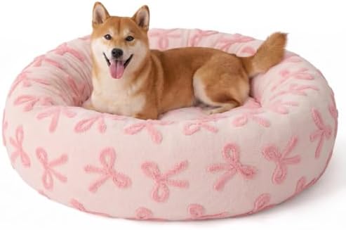 JOEJOY Jacquard Donut Round Dog Beds Medium Sized Dog,Pink 30x30x8in, Removable Washable Cover, Cute Pattern, Ultra Soft Fluffy Calming Pet Bed with Thick Supportive Bolster