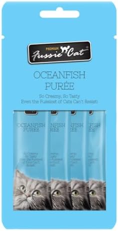 Fussie Cat Ocean Fish Puree, lickable cat Treats, 0.5oz Pouch Pack of 4