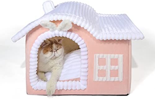 Jiupety Rabbit Cat House for Indoor Cats, Cute Covered Cat Bed with Spacious Interior, Pet Cave Bed Up to 3-15 Lbs Kitten, Pink