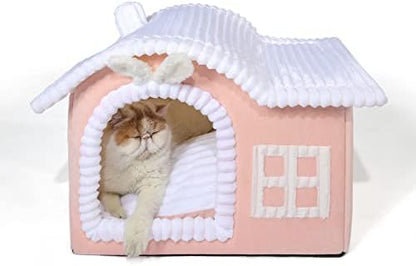 Jiupety Rabbit Cat House for Indoor Cats, Cute Covered Cat Bed with Spacious Interior, Pet Cave Bed Up to 3-15 Lbs Kitten, Pink