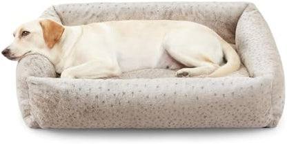 JOEJOY XL Dog Beds Large Sized Dog, Removable Washable Cover Orthopedic Soft Faux Rabbit Fur Pet Bed, Anti-Slip Fluffy Plush Faux Rabbit Fur Puppy Bed, 42"x36"x9", Leopard Print, Beige