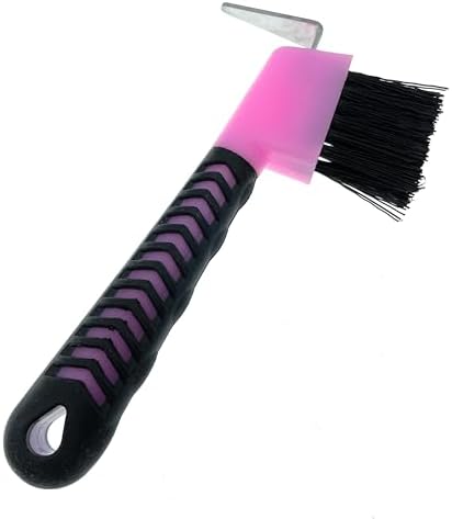 Horse Hoof Pick with Brush - Non-Slip Ergonomic Handle, Heavy-Duty Steel Pick & Stiff Bristles - Removes Dirt, Mud & Rocks - Horse Grooming Tool for Daily Hoof Care (Pink)