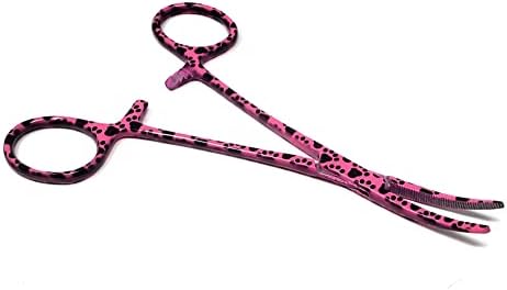 Dog Pet Ear/Nose Hair Puller Grooming Hemostat Locking Forceps Curved Pliers, 5.5" (14cm) Full Serrated Clamps Stainless Steel (Pink Paws)