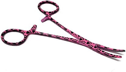 Dog Pet Ear/Nose Hair Puller Grooming Hemostat Locking Forceps Curved Pliers, 5.5" (14cm) Full Serrated Clamps Stainless Steel (Pink Paws)