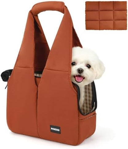 Dog Purse Carrier for Small Dogs and Cats, Soft-Sided Pet Tote Bag with 6 Large Pockets, Collapsible Travel Puppy Carrier with Small Cushion, Fits Pets up to 6 lbs (Caramel, 13.6" L x 6.6" W x 10" H)