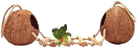 Tfwadmx Natural Coconut Hide with Ladder Perches Hanging Bird House Toy for Cage Parrot Breeding Nest for Gecko Parakeet Lovebird Finch Hamster