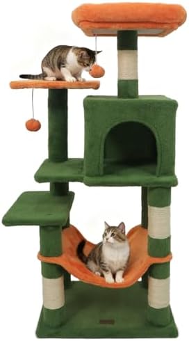 DORTALA Cat Tree for Indoor Cats, 44" Modern Cat Tower with Top Perch, Condo, Hammock, Sisal Scratching Posts, Dangling Balls, Platforms, Multi-level Pet Climbing Furniture Playground (Green & Orange)