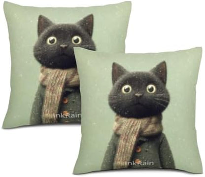 InkRain Winter Animal Cute Black Cat Pillow Cover 20x20 Inch Set of 2 Home Decor Decorative Cotton Linen Illustration Pillowcases for Living Room House Sofa