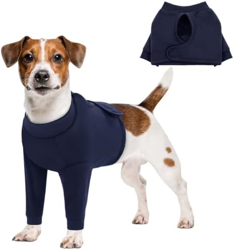 Queenmore Dog Leg Sleeve to Stop Licking, Alternative to Cone of Shame, After Surgery Dog Elbow Protector with Magic Tapes, Recovery Suit for Dogs, Navy Blue, S