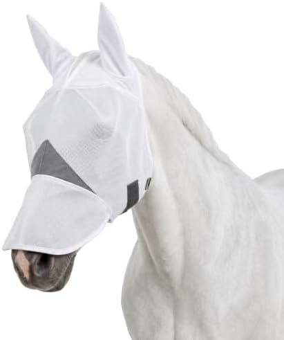 Dansydaisy Horse Fly Mask with Long Nose & Ears, Breathable Full Face Flymask, UV Block, 3D Eye Protection, for Quarter Horses, Warmbloods, Thoroughbreds, Other Standard Head-Type Horses(White)