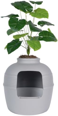 Good Pet Stuff Original Hidden Litter Box Planter, Decorative Cat Litter Enclosure, Carbon Filter, Faux Plant, Round Design, Easy Clean Litter Tray, Essentials Kit, Broad Leaf Plant, Pebble Gray