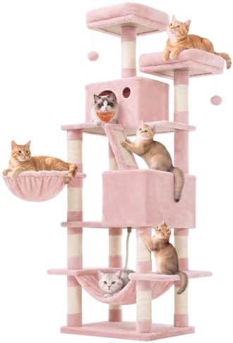Feandrea Cat Tree, 66.1-Inch Large Cat Tower, Multi-Level Condo, Jelly Pink
