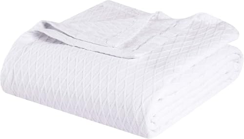 Superior Diamond Weave All-Season Cotton Blanket, Cover for Home, Couch, Bed, Soft, Warm Blankets, Boho Aesthetic, Comfy, Cozy, and Cute Covers, Decorative Bedding Essentials, Twin Size, White