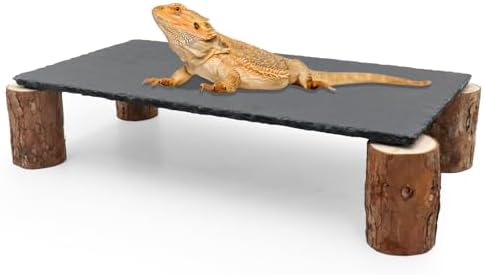 Bearded Dragon Basking Platform, Slate Rocks for Reptiles with Wooden Pile, Leopard Gecko Hides and Caves, Reptile Tank Accessories for Bearded Dragons, Geckos, Ball Pythons, Tortoise (Black, Large)