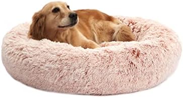 Bedfolks Calming Fluffy Donut Dog Bed for Large Dogs,Pink, 36" Round