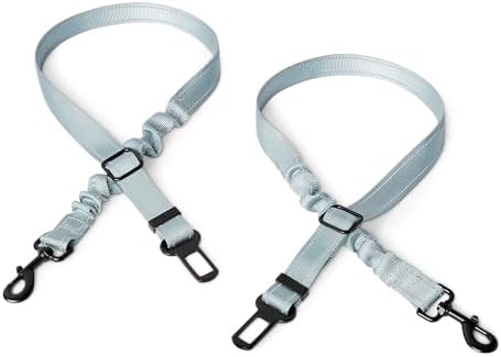 Amazon Basics Reflective Dog Seat Belt with Collapsible Travel Bowl, Elastic Design, 360° Metal Clasp, for Dogs up to 44 lbs, 26.3 inch, Black/Blue/Orange