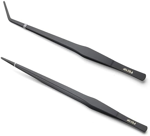 Aquarium Tweezers Extra Long 15 inches Feed Tong Clamps - FEITA Straight and Curved Stainless Steel 38cm Tweezers Set for Fish Tank Plants Aquascape Tools & Reptile Feeding Tongs - Black 2Pcs
