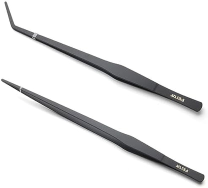 Aquarium Tweezers Extra Long 15 inches Feed Tong Clamps - FEITA Straight and Curved Stainless Steel 38cm Tweezers Set for Fish Tank Plants Aquascape Tools & Reptile Feeding Tongs - Black 2Pcs