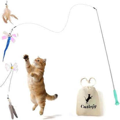 Retractable Cat Wand with 4 Feather Refills for Indoor Cats