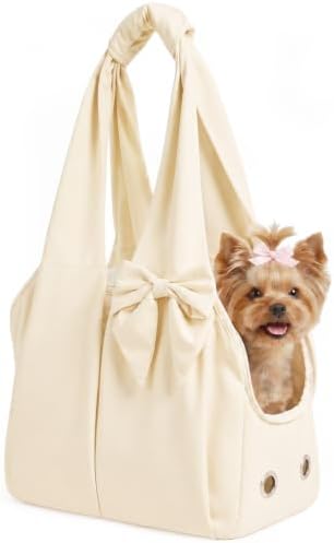 Fashion Dog Purse Carrier for Small Dogs and Cats, Soft-Sided Puppy Tote Bag Under 15 lbs, Lightweight Pet Carrier with 4 Pockets, Smart Zipper Lock, Pet Travel Bag for Travel Outdoor(Beige)