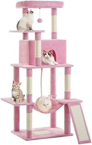 ABCPET Cat Tree Tower 63in Multi-Level Cat Tower for Indoor Cats with Sisal Scratching Posts, Condo, Hammock, Dangling Ball and Extended Platform for Cats to Play, Pink
